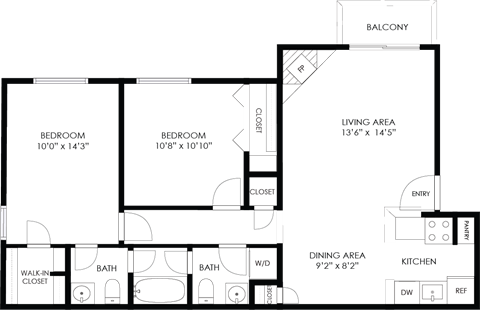 Floor plan for 2 beds, 1.5 baths, 875 sqft